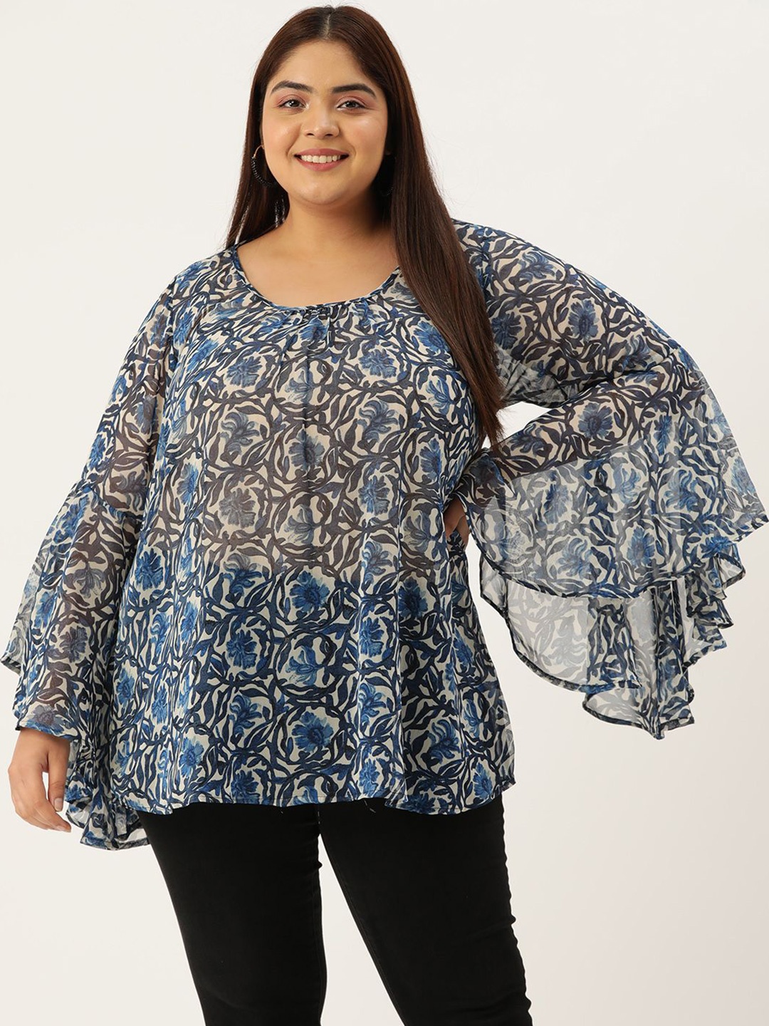 

theRebelinme Women Plus Size Floral Printed Georgette Longline Top, Blue