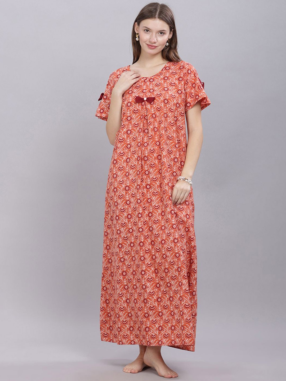 

NAIDU HALL Women Printed Pure Cotton Maxi Nightdress, Peach