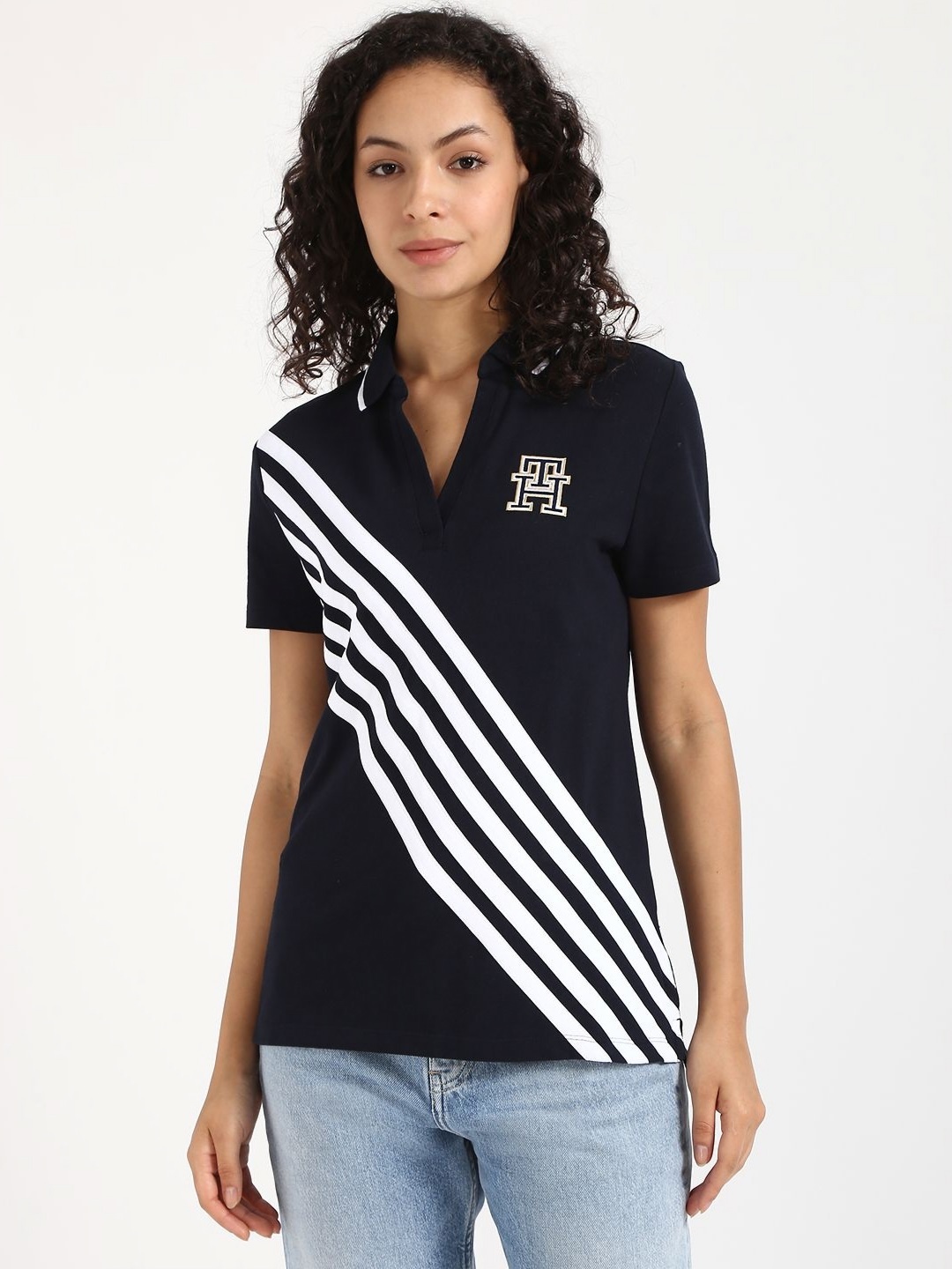 

Tommy Hilfiger Women Striped Polo Collar Monochrome T-shirt, Blue