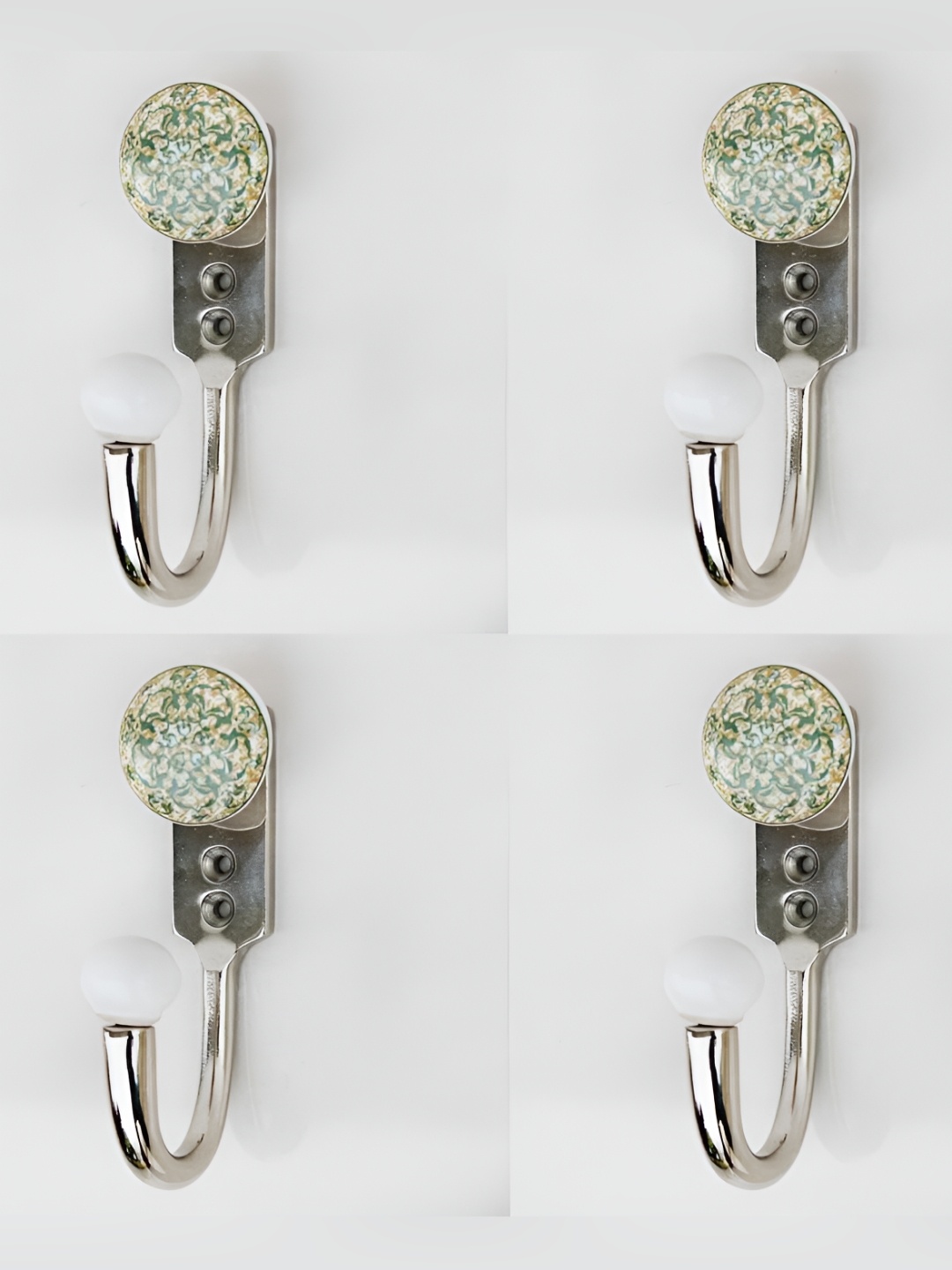 

IndianShelf Green & Silver-Toned 4 Pieces Floral Printed Ceramic & Zinc Wall Hooks
