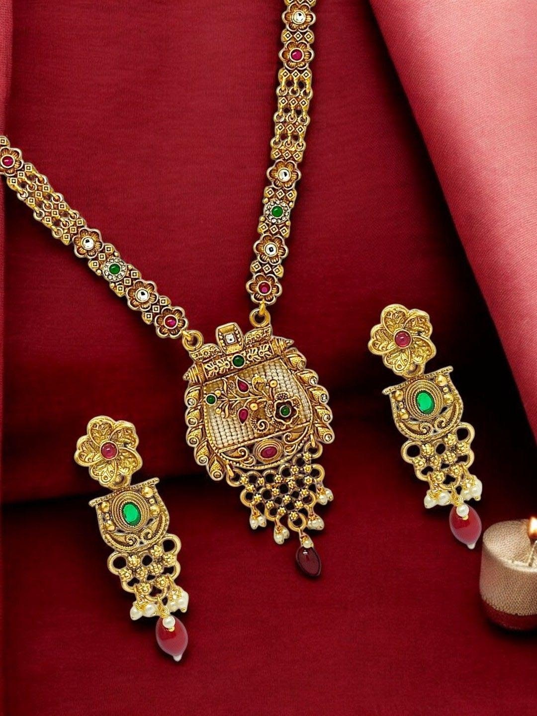 

FEMMIBELLA Gold Plated Stone Studded & Beaded Meenakari Jewellery Set