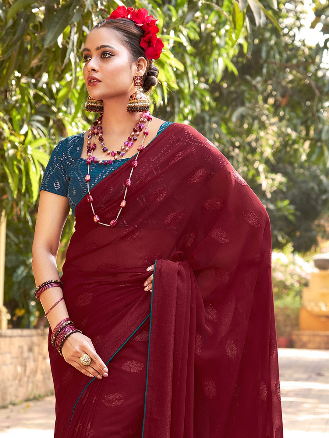 

Saree mall Women Woven Design Embellished Sarees, Maroon