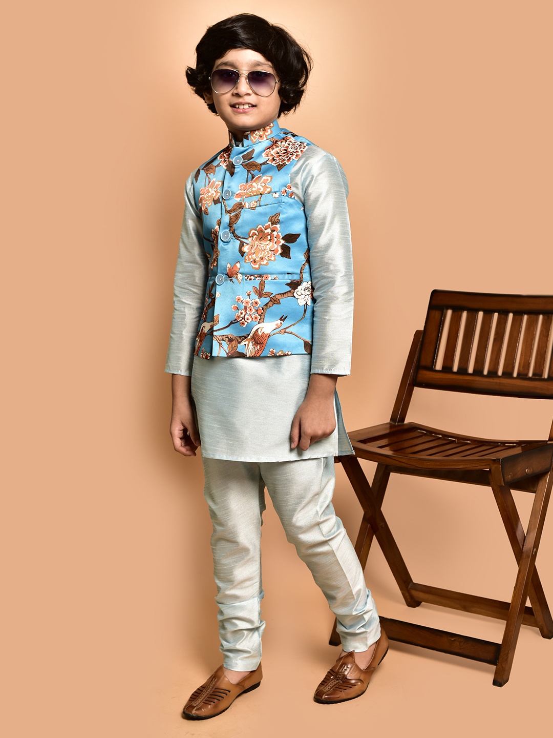 

PRINTINDIA Boys Band Collar Straight Kurta with Trouser & Nehru Jacket, Blue