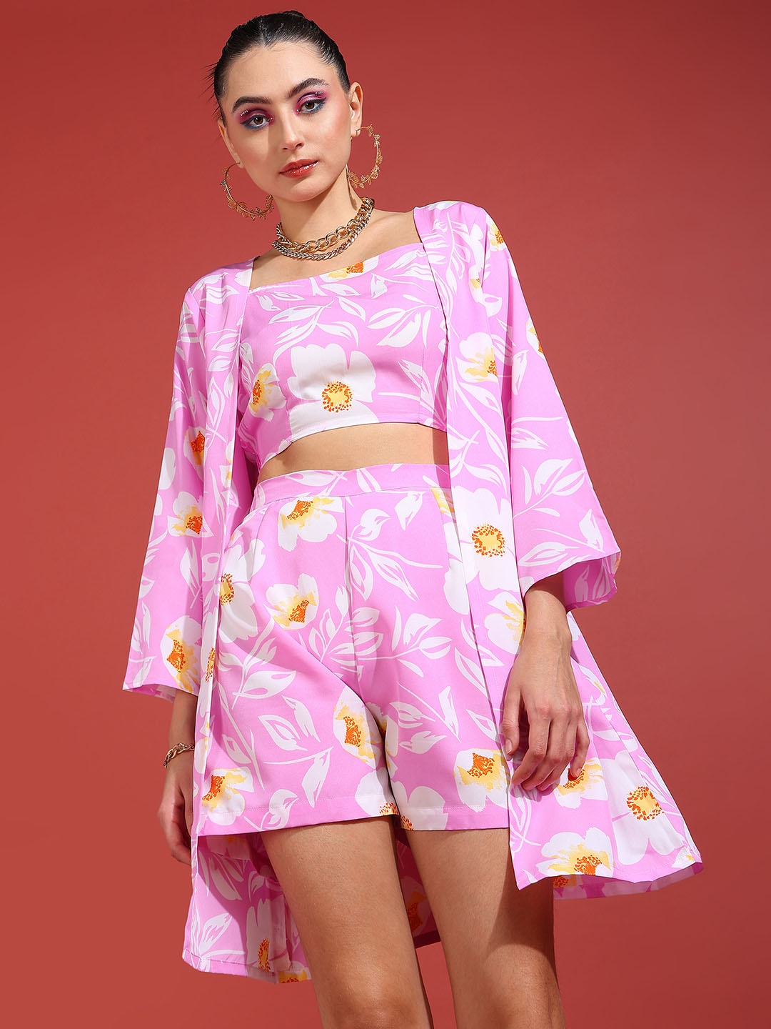 

DressBerry Pink and White Printed Top With Shorts & Shrug
