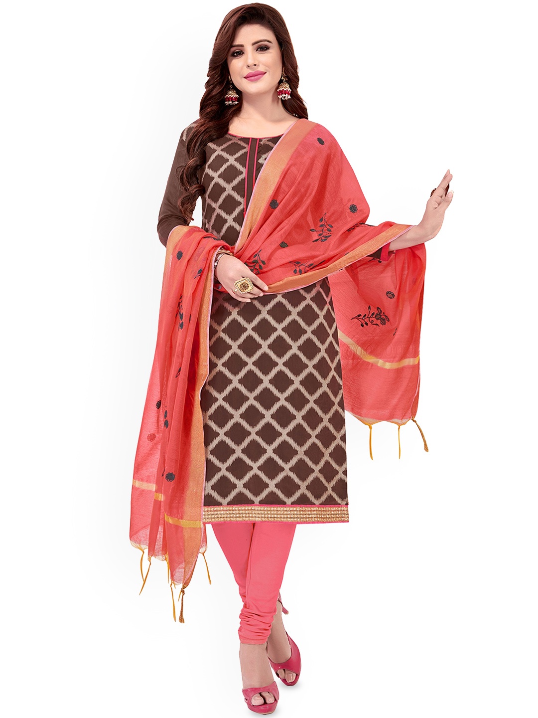 

Maroosh Geometric Printed Unstitched Dress Material, Brown