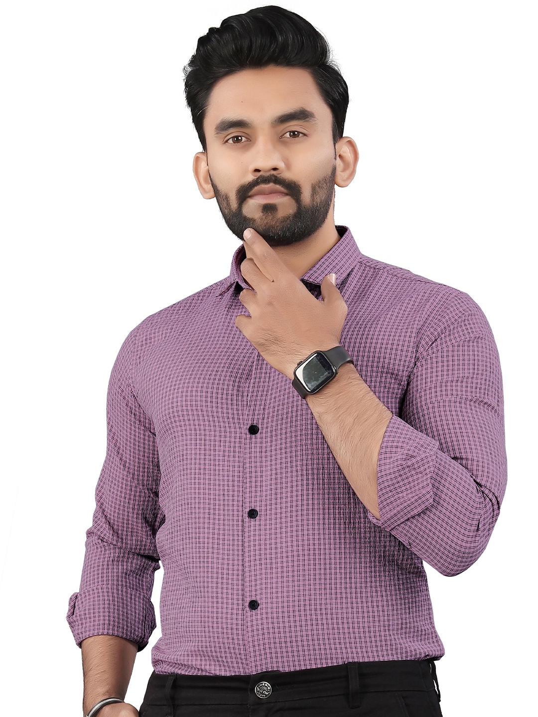 

TERAXO Men Premium Spread Collar Micro Checked Slim Fit Formal Shirt, Purple