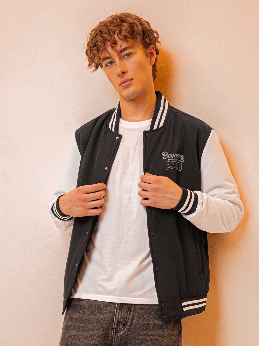 

Beyoung Men Cotton Varsity Jacket with Embroidered, Black