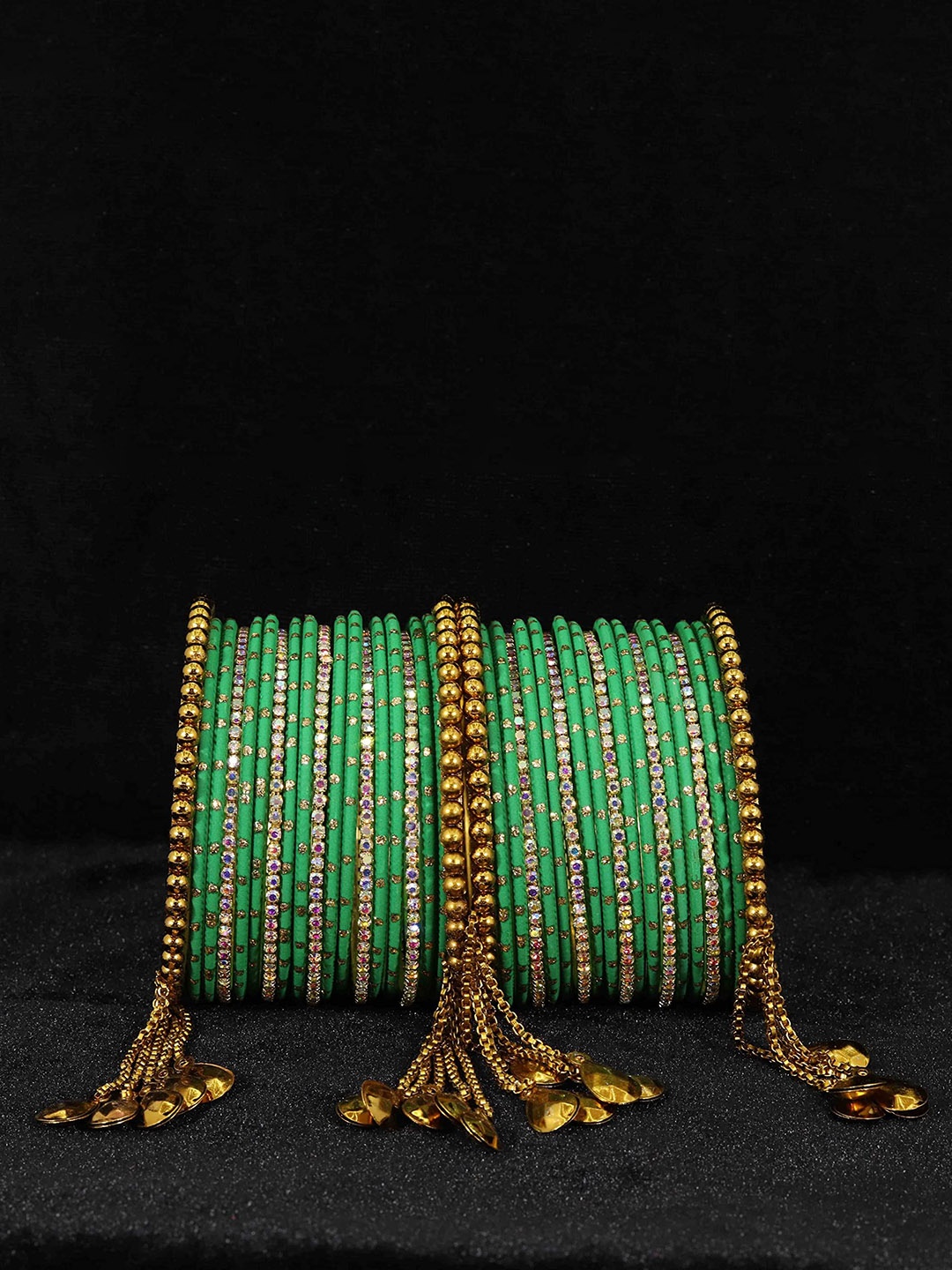

ZULKA Set of 38 Alloy Artificial Stones and Beads Studded Bangles, Green