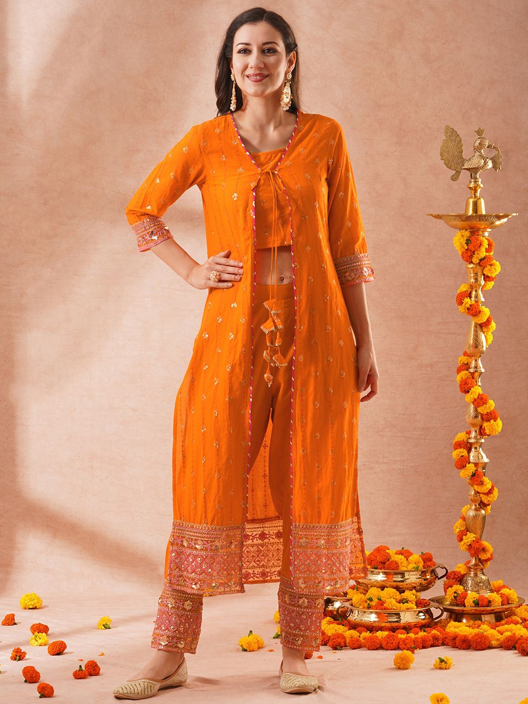 

FASHOR Orange-Coloured Floral Embroidered Pure Cotton Kurta With Trousers & Crop Top