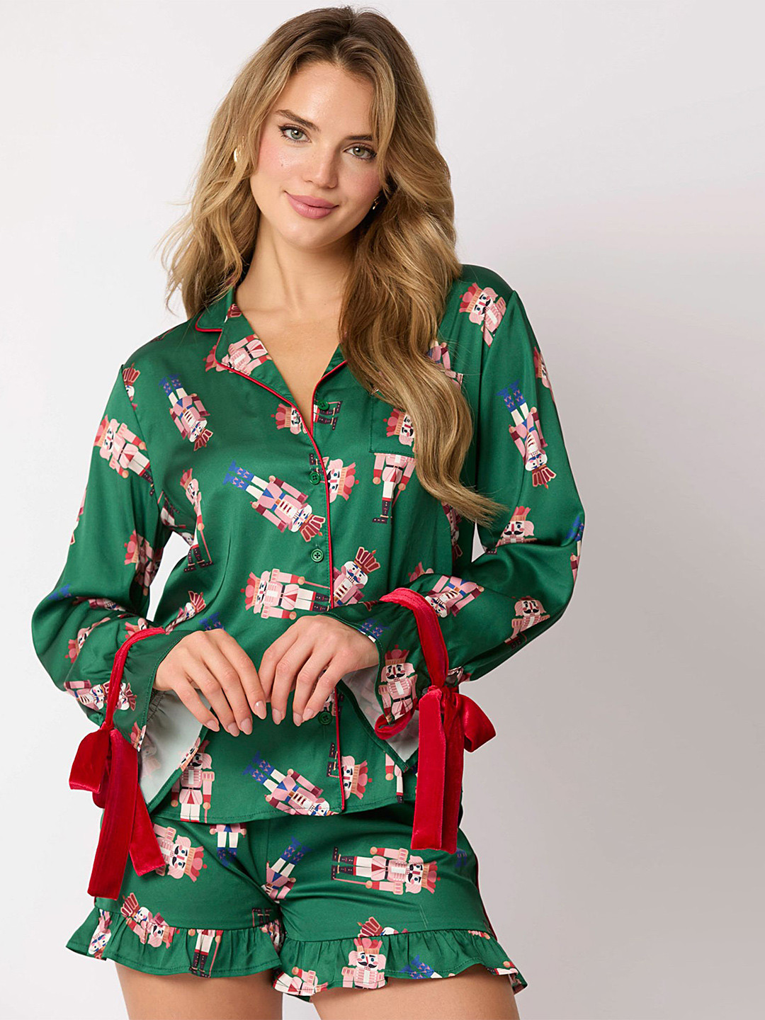 

LULU & SKY Women Graphic Printed Shirt & Shorts Night Suit, Green