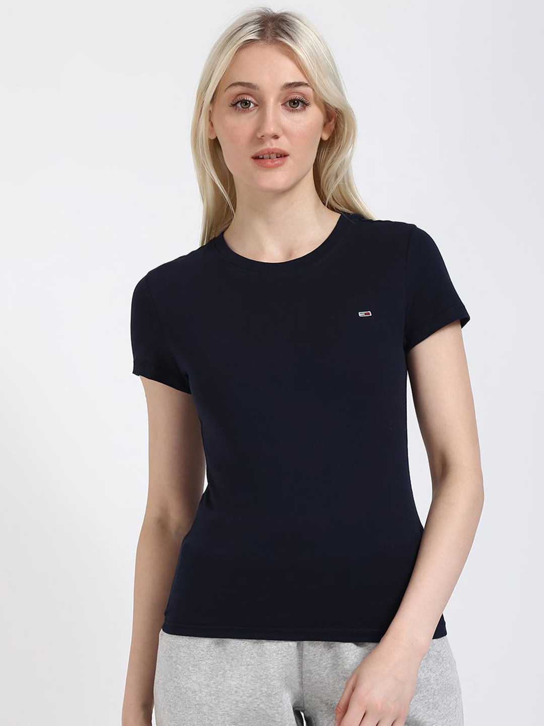 

Tommy Hilfiger Women Solid Round Neck Cotton Slim Fit T-shirt, Navy blue