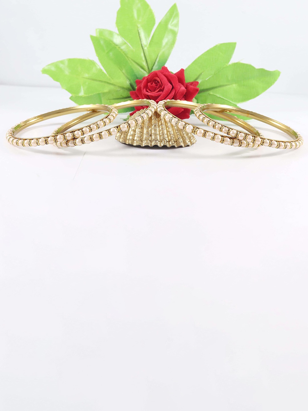 

ZULKA Set of 4 Metal with Base Metal American Diamond & Pearls Kada, White