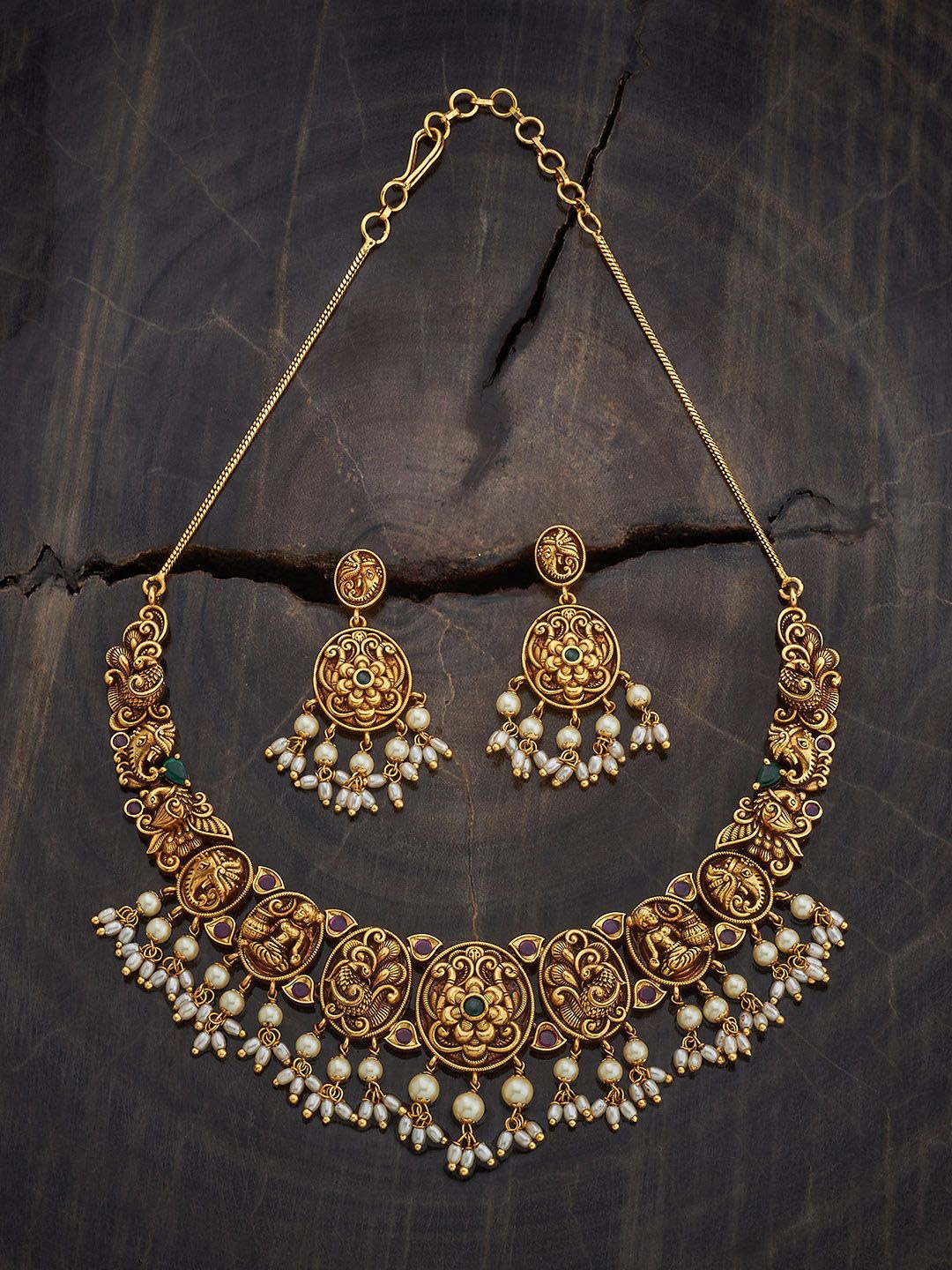 

Kushal's Fashion Jewellery Gold-Plated Stone Studded & Beaded Antique Necklace