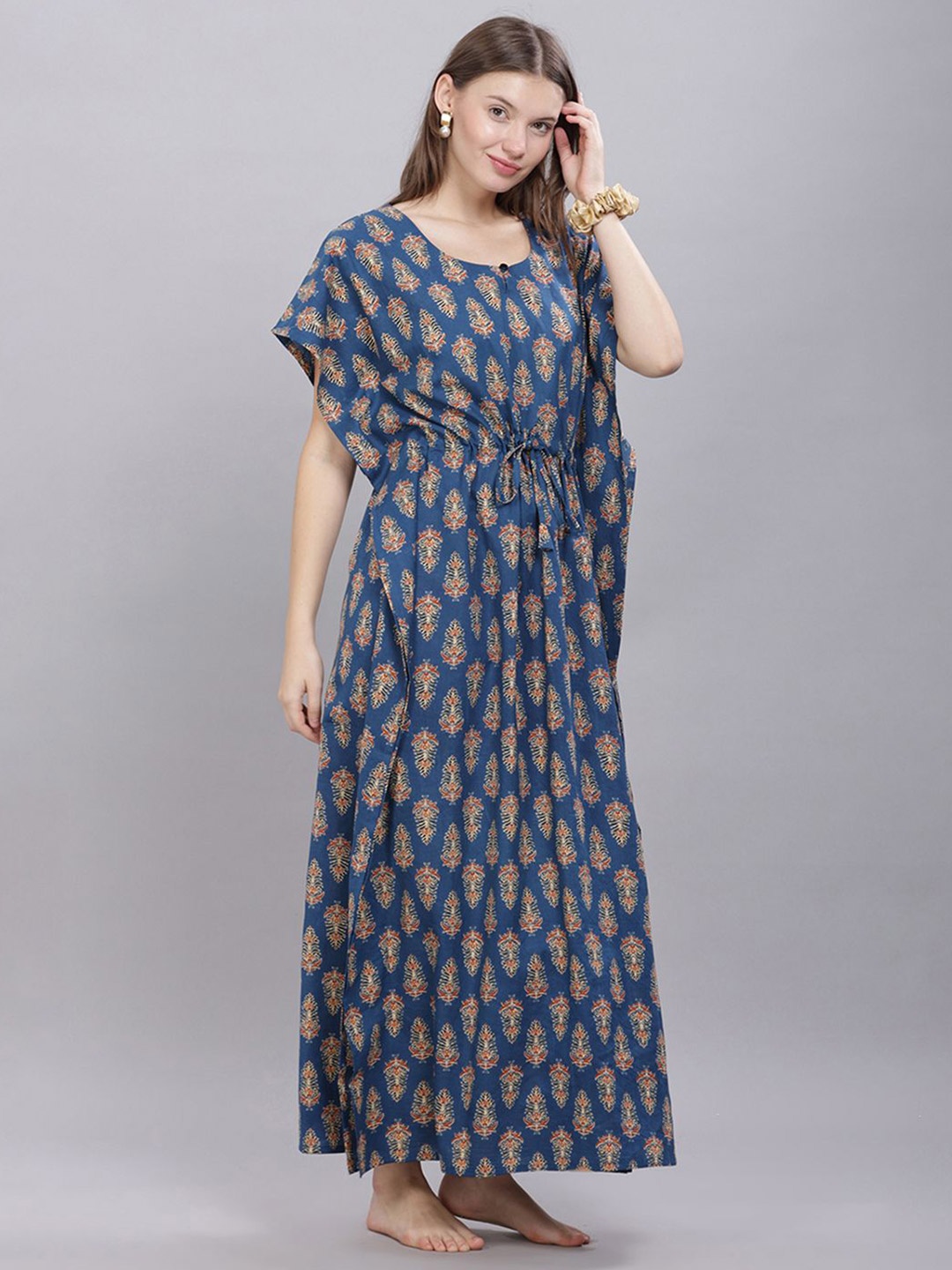 

NAIDU HALL Women Floral Printed Pure Cotton Maxi Nightdress, Blue