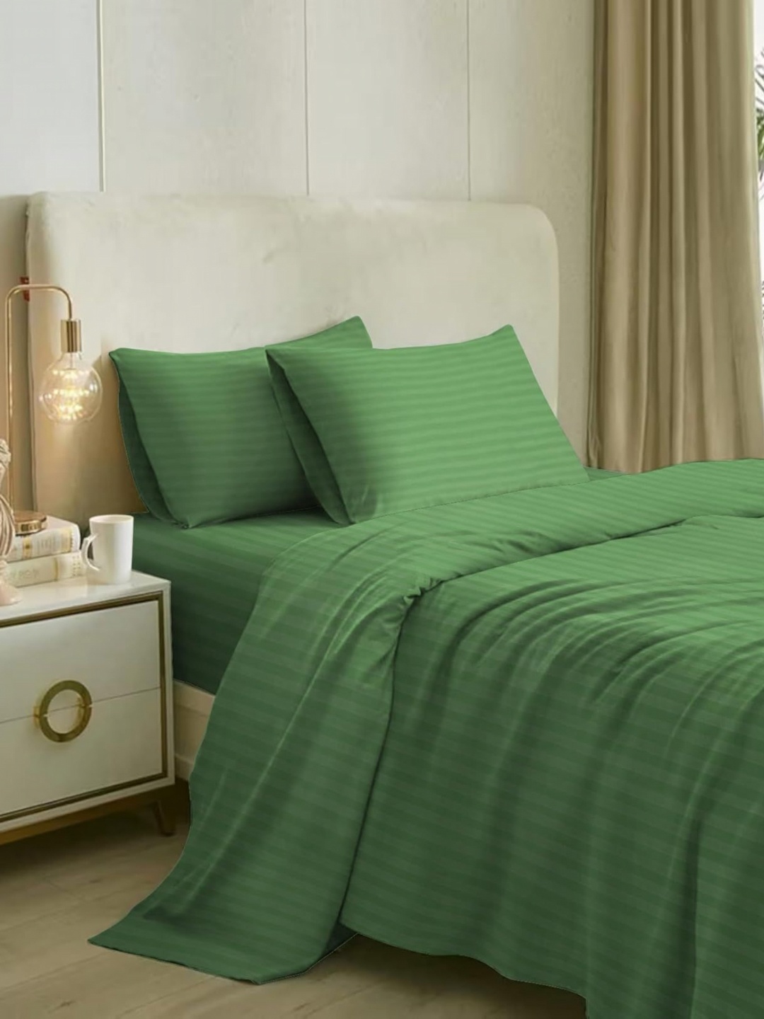 

MARK HOME Green Striped Cotton 210 TC King Bedsheet with 2 Pillow Covers-2.74 m x 2.74 m