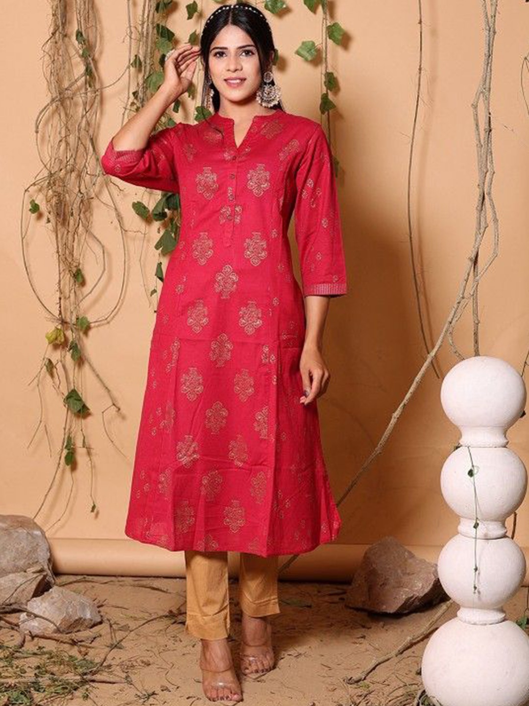 

Chandbaali Floral Printed Mandarin Collar A-Line Zari Cotton Kurta, Pink