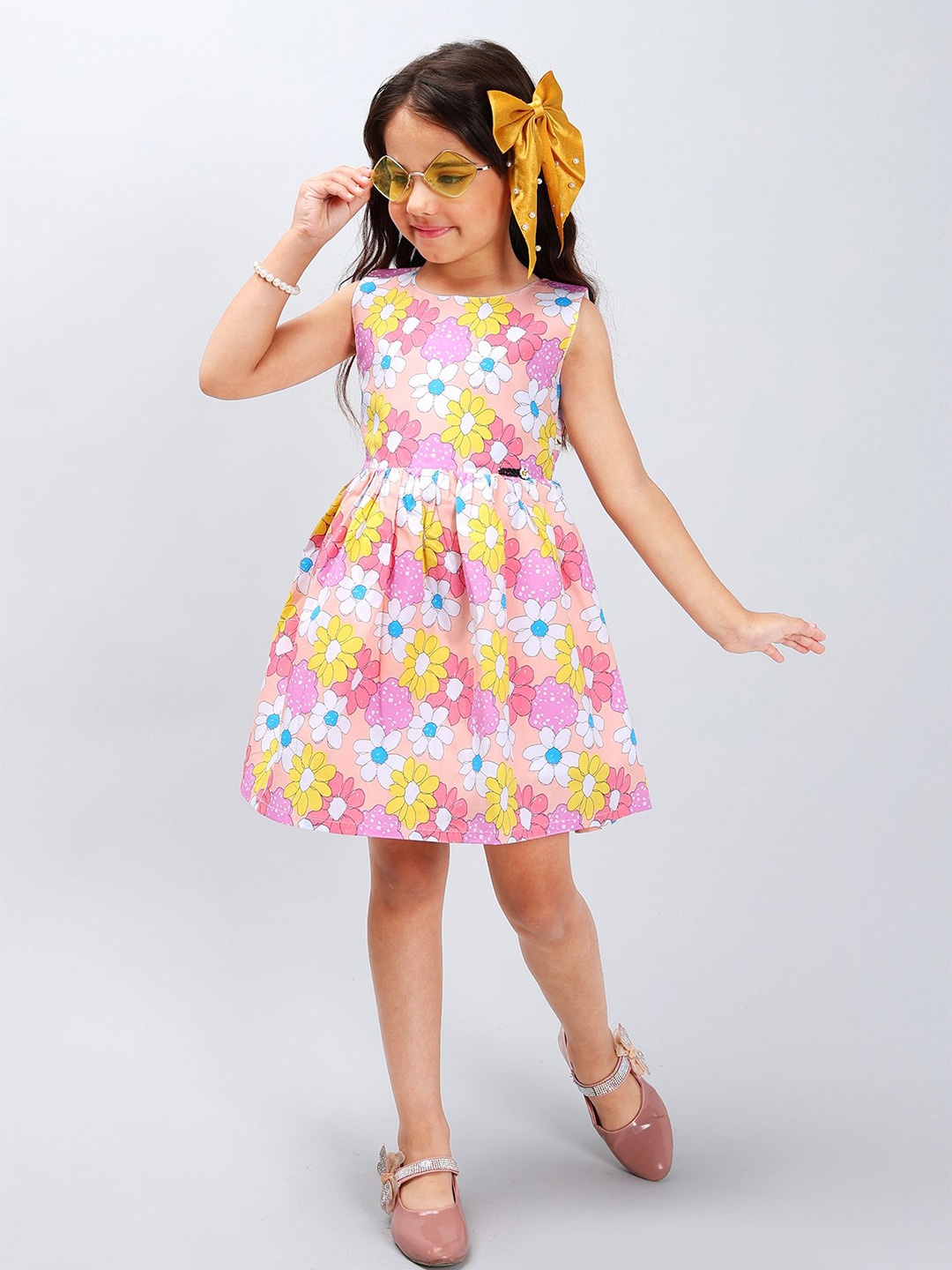 

PINK MERMAID Girls Cotton Floral Printed Sleeveless Fit and Flare Dress, Peach
