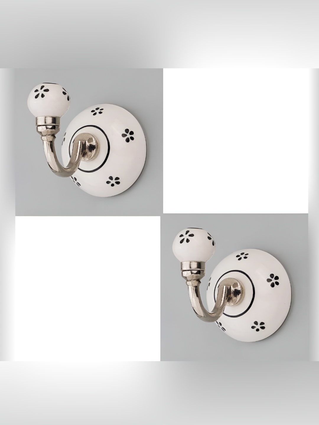 

IndianShelf White and Black 2 Pieces Floral Printed Ceramic Wall Hooks