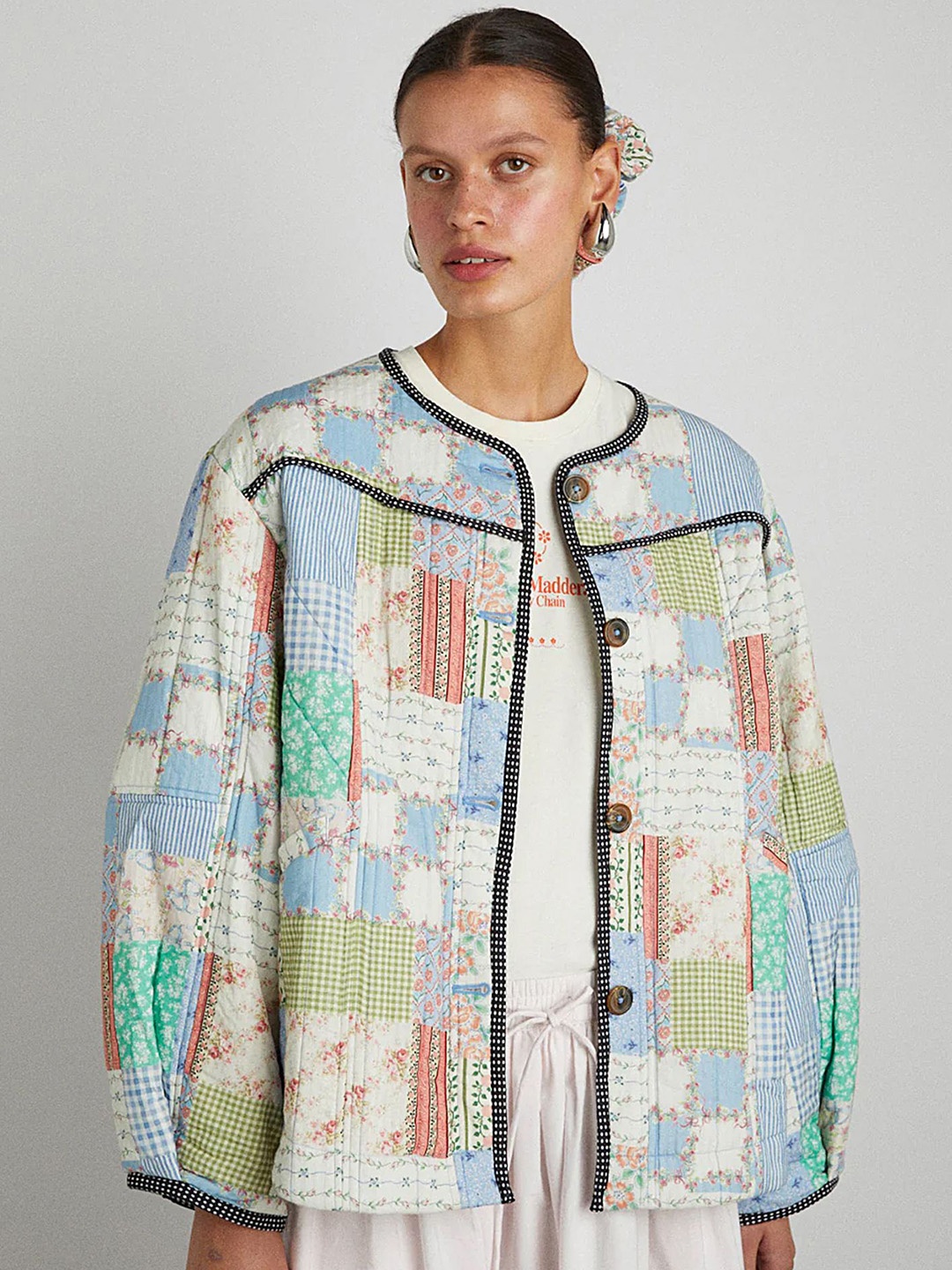 

LULU & SKY Women Collarless Abstract Printed Casual Open Front Jacket, Blue