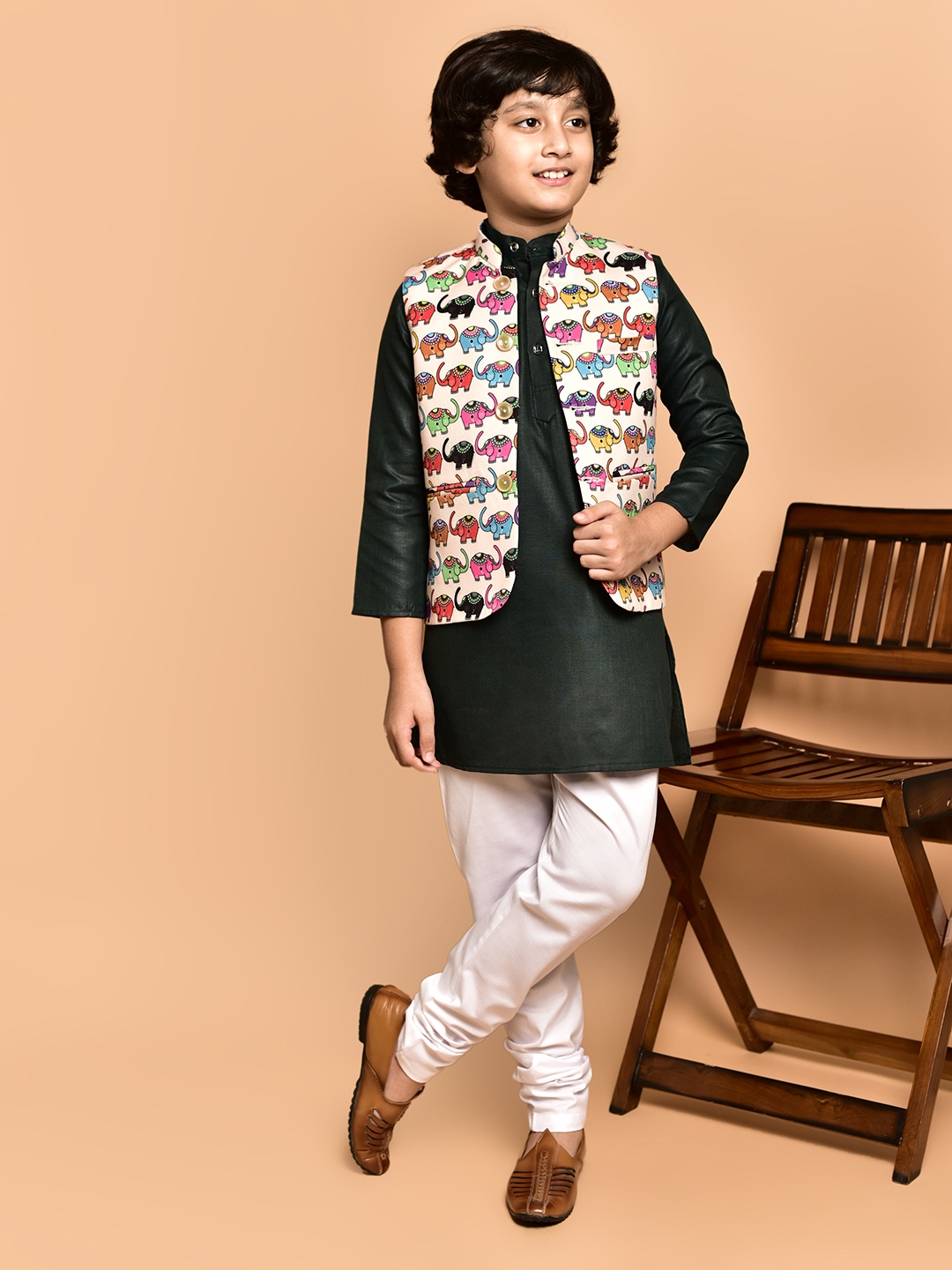 

PRINTINDIA Boys Mandarin Collar Regular Straight Kurta with Churidar, Green