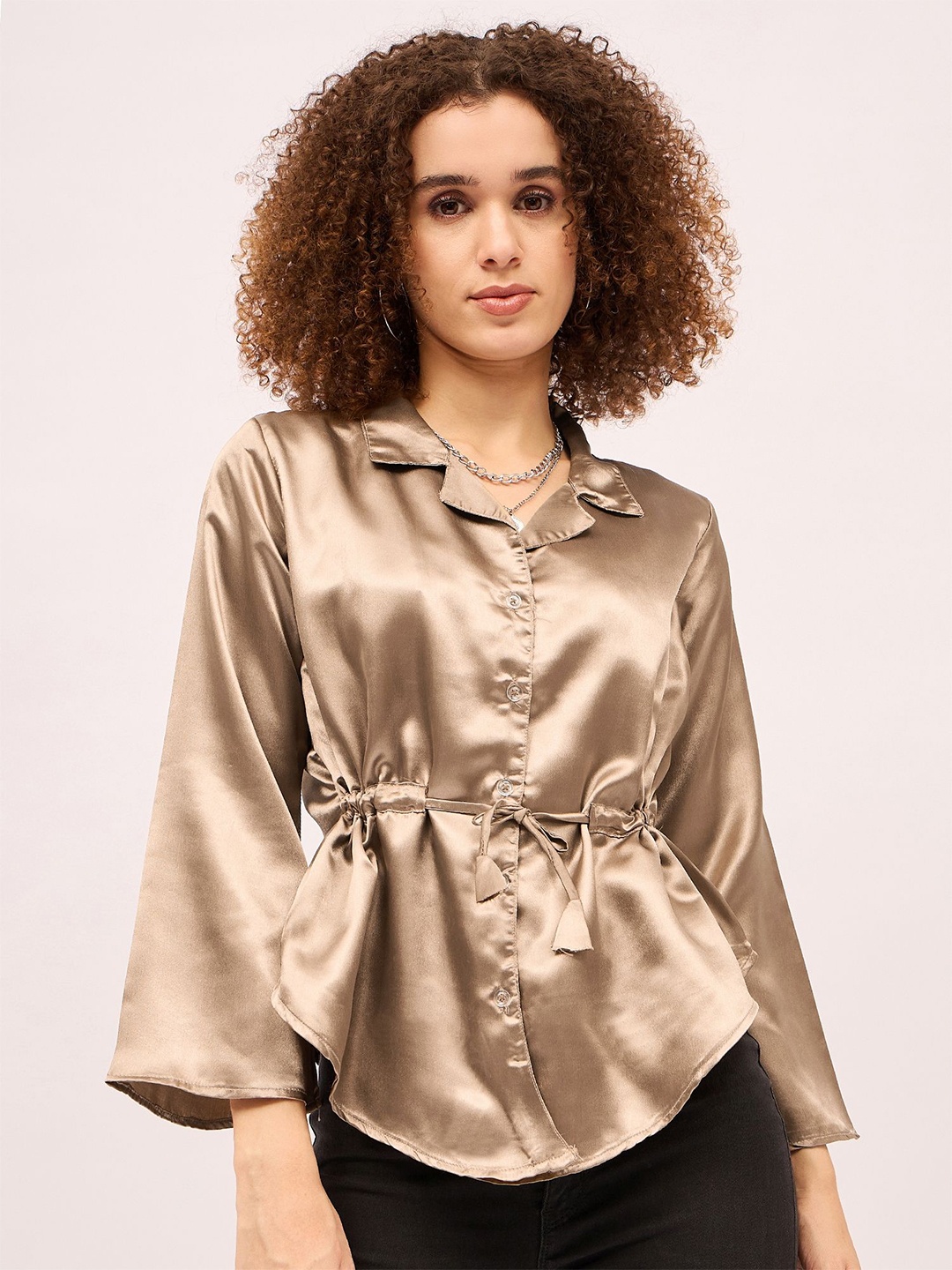 

Mayra Women Cuban Collar Flared Sleeve Satin Shirt Style Top, Beige