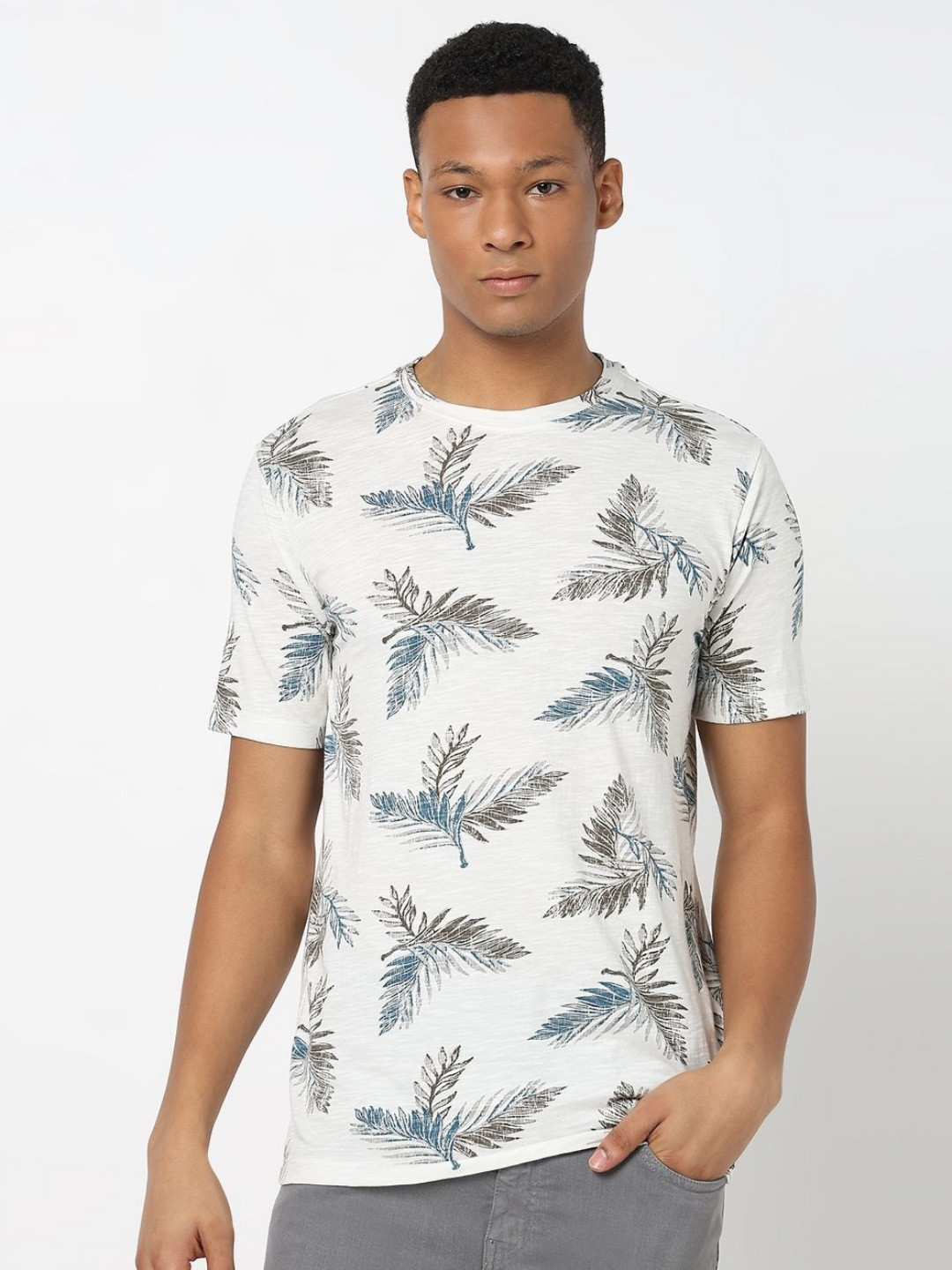 

R&B Men Floral Printed Round Neck Cotton T-shirt, White