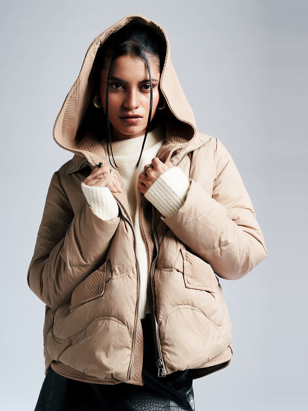 

FREAKINS Women Trail Dust Hooded Solid Puffer Jacket, Beige