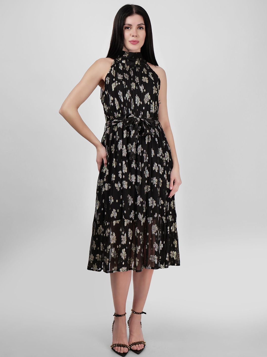 

DRIRO Women Printed Halter Neck Fit & Flare Dress, Black