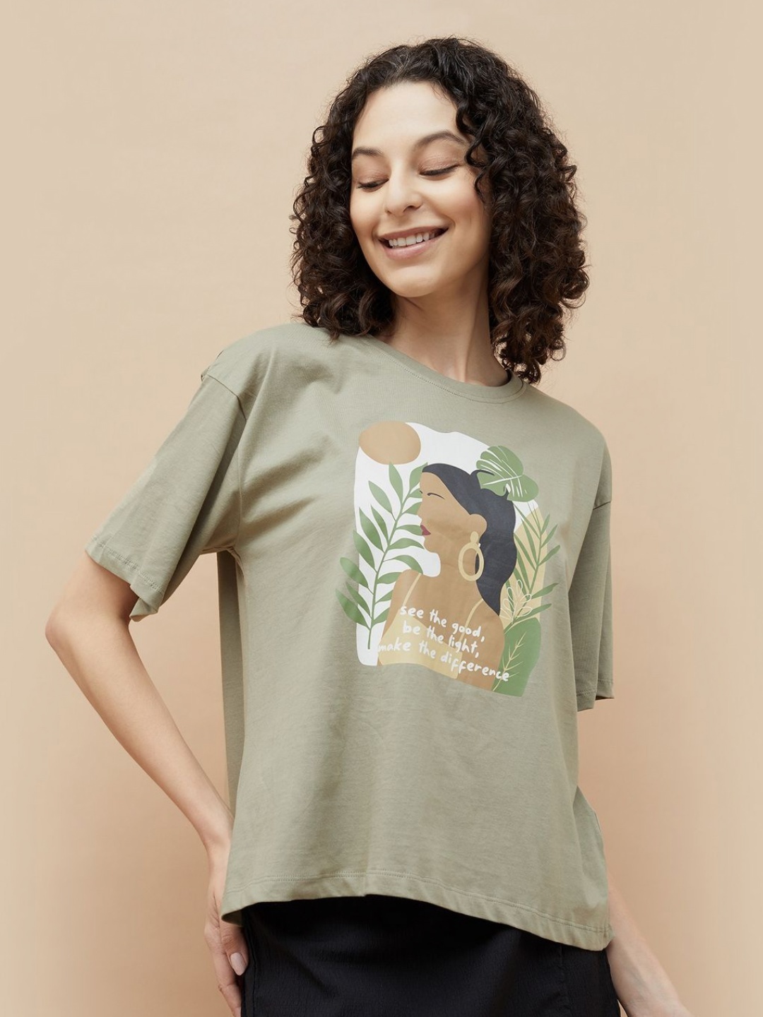 

Ginger by Lifestyle Women Graphic Printed Round Neck Cotton Relaxed Fit T-shirt, Green