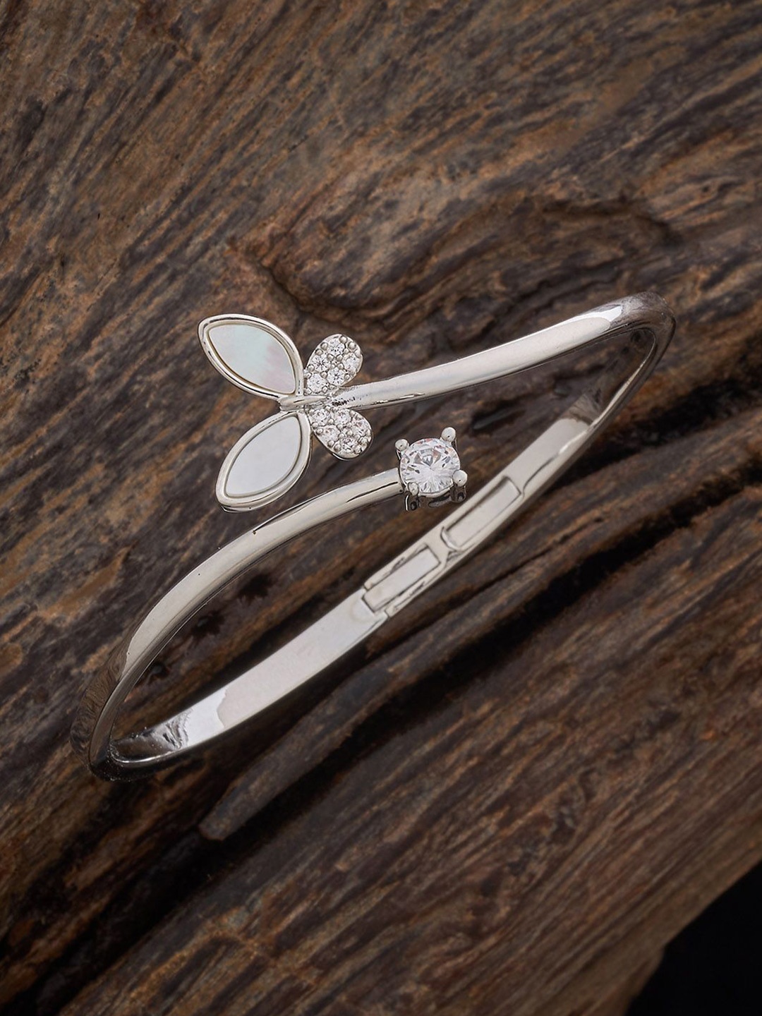 

Kushal's Fashion Jewellery Rhodium-Plated Cubic Zirconia Studded Butterfly Cuff Bracelet, Silver