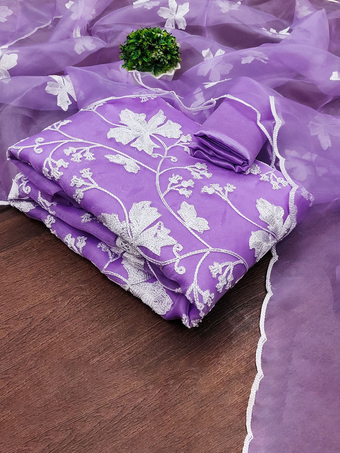 

LADY SHOPI Floral Embroidered Organza Unstitched Dress Material, Lavender