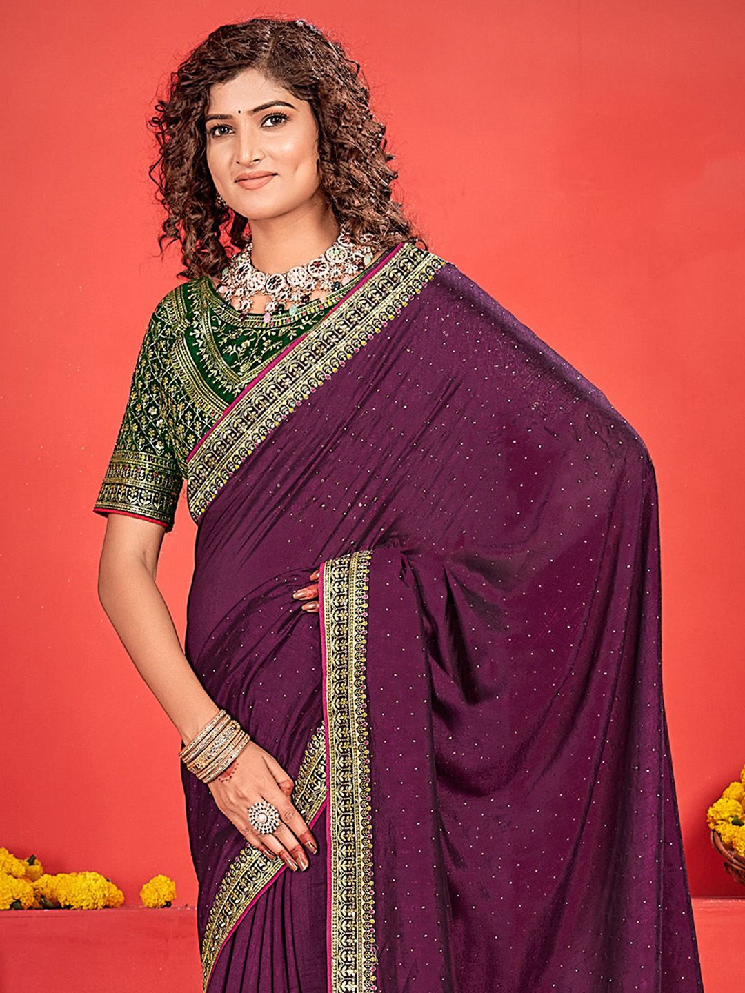 

Anouk Embellished Beads and Stones Saree, Purple