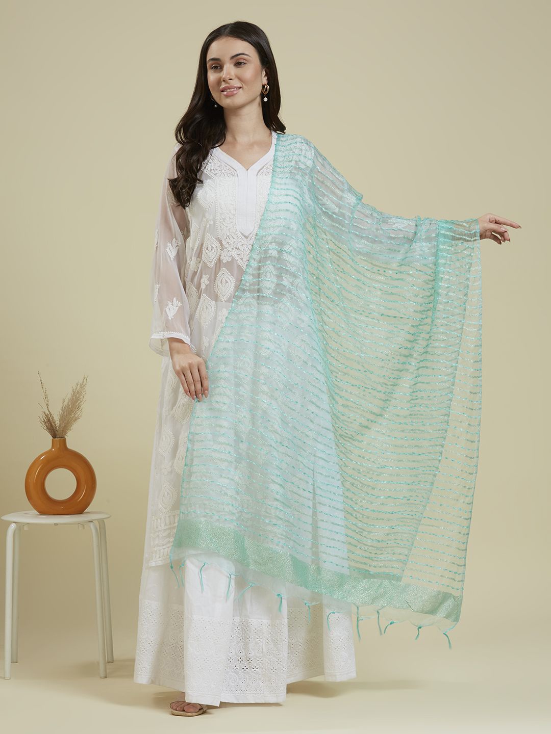 

Dupatta Bazaar Woven Design Organza Dupatta With Zari, Sea green