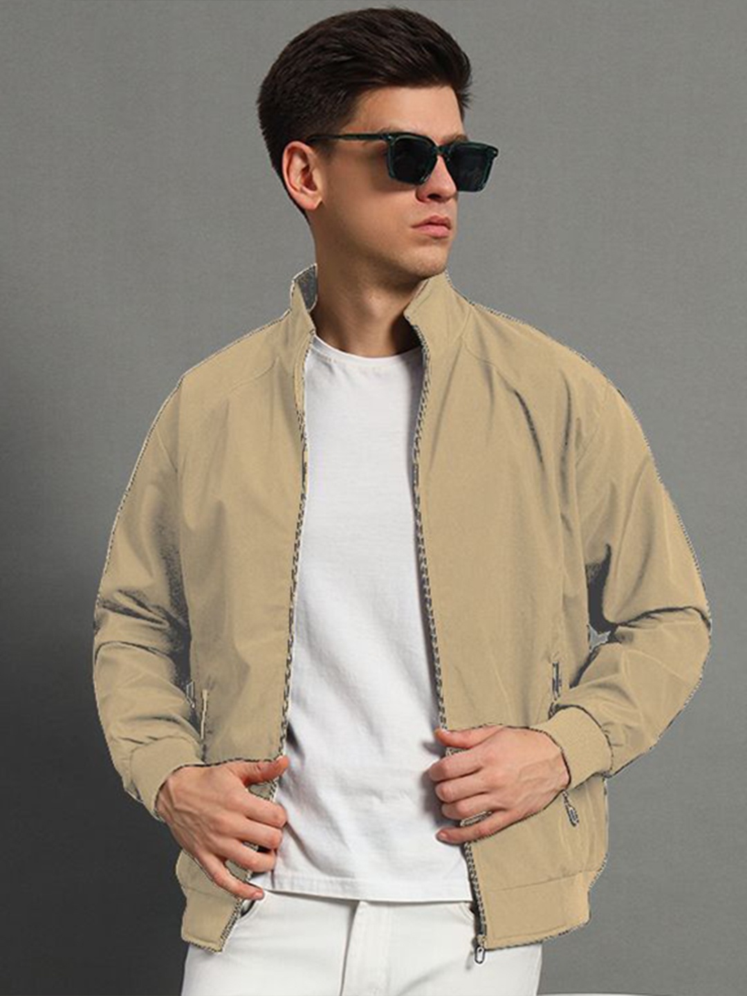 

GET GOLF Men Polyester Bomber Jacket, Beige
