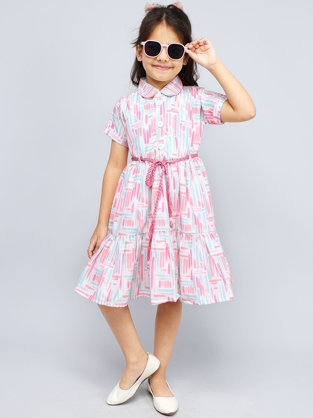 

PINK MERMAID Girls Geometric PrintedA-Line Cotton Dress Comes with a belt