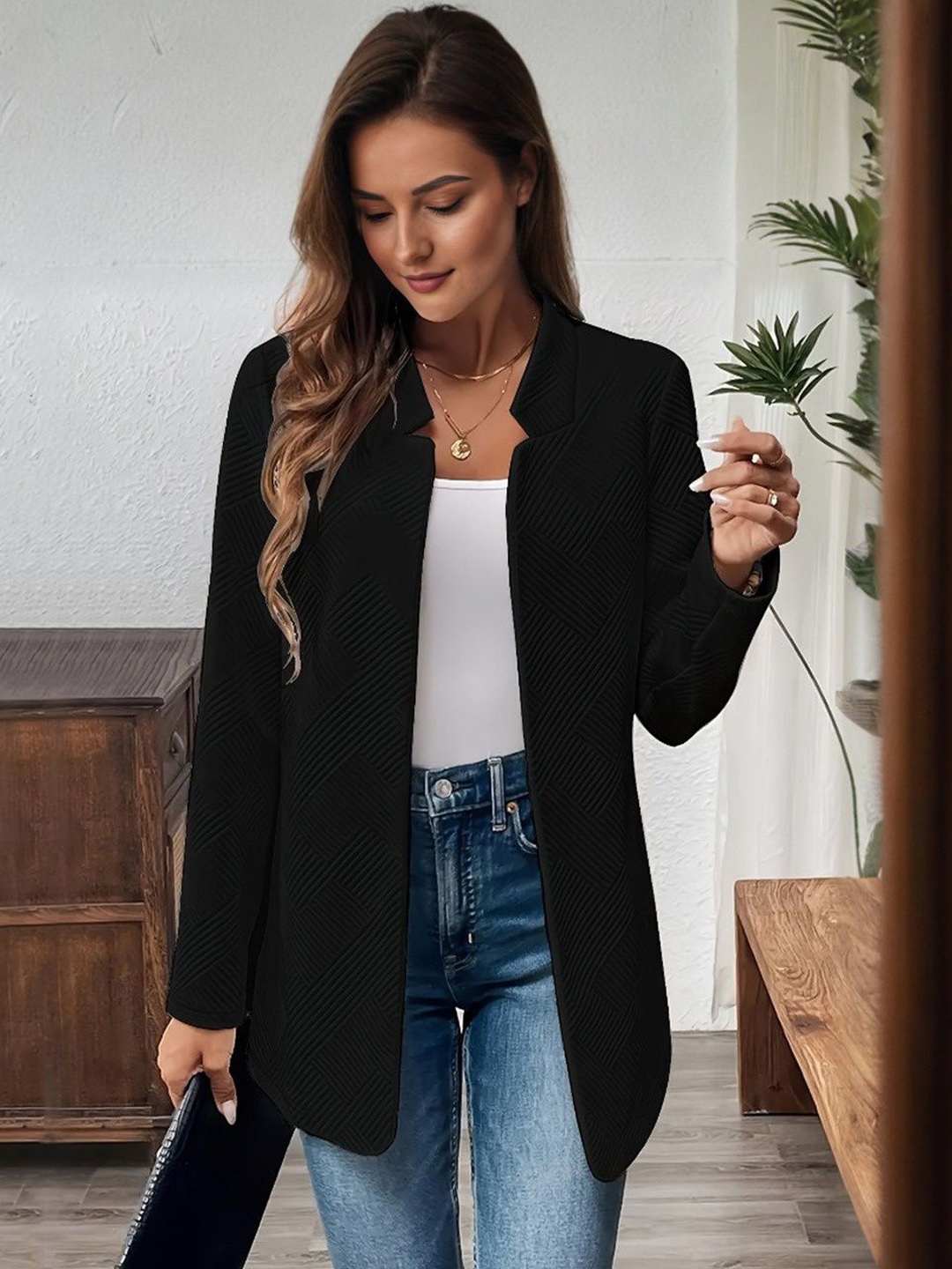 

StyleCast Women Collarless Self Design Cotton Casual Open Front Jacket, Black