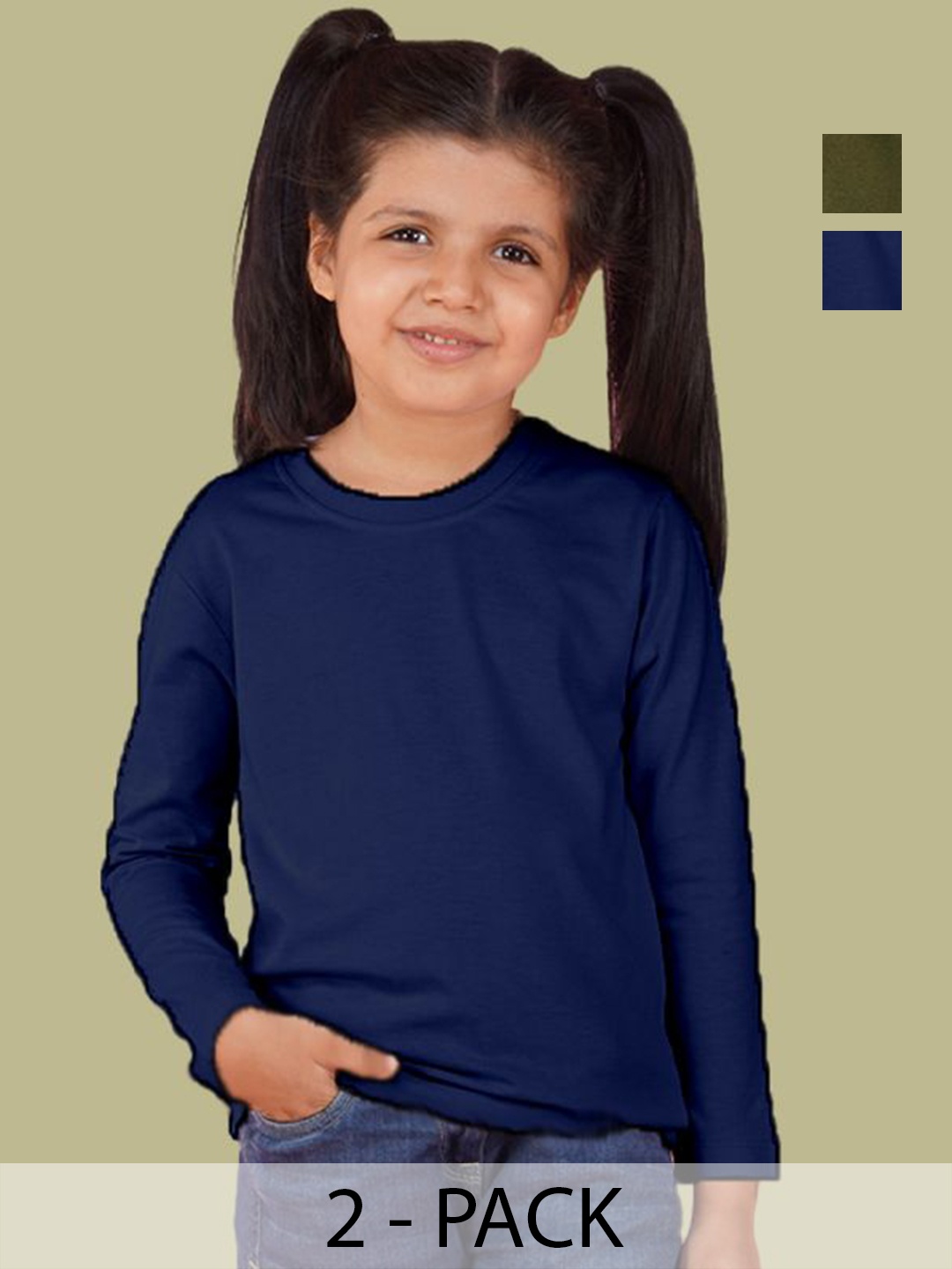 

NUSYL Pack Of 2 Girls Solid Round Neck Cotton T-shirts, Navy blue