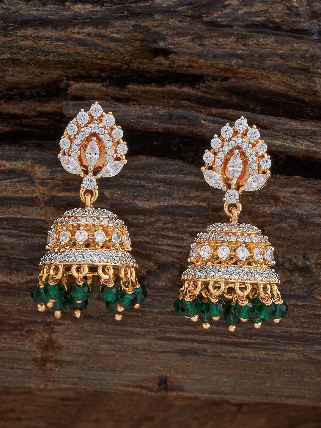 

Kushal's Fashion Jewellery Rhodium-Plated Dome Shaped Zircon Jhumkas Earrings, Green