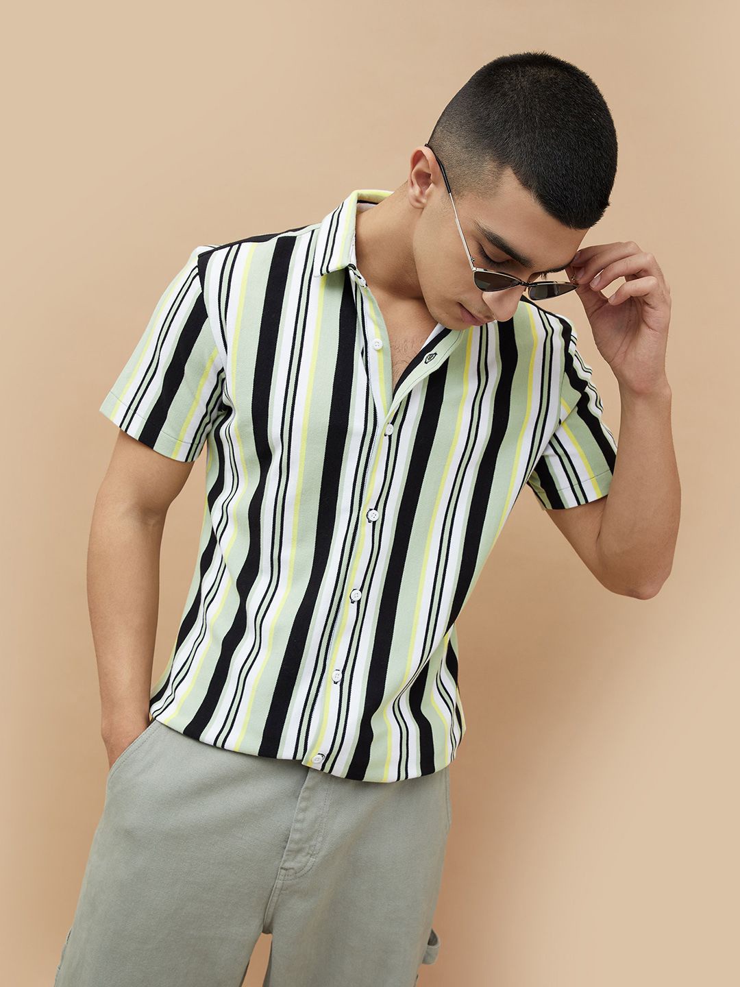 

Bossini Men Spread Collar Vertical Striped Cotton Casual Shirt, Off white