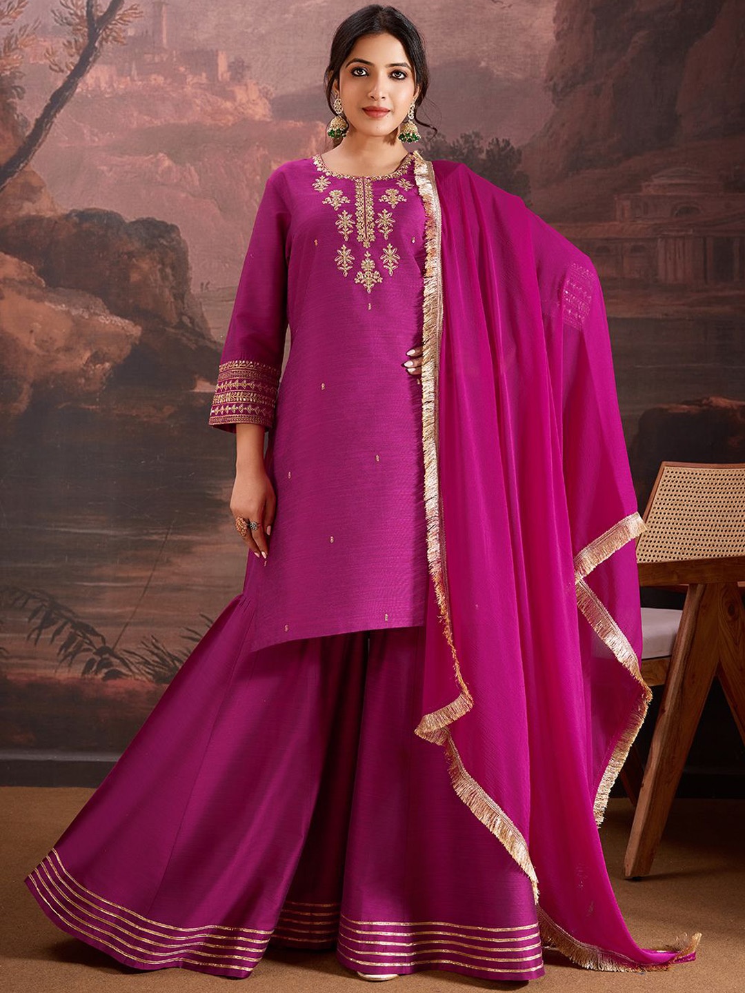 

House of Pataudi Floral Embroidered Straight Kurta & Sharara with Dupatta, Pink