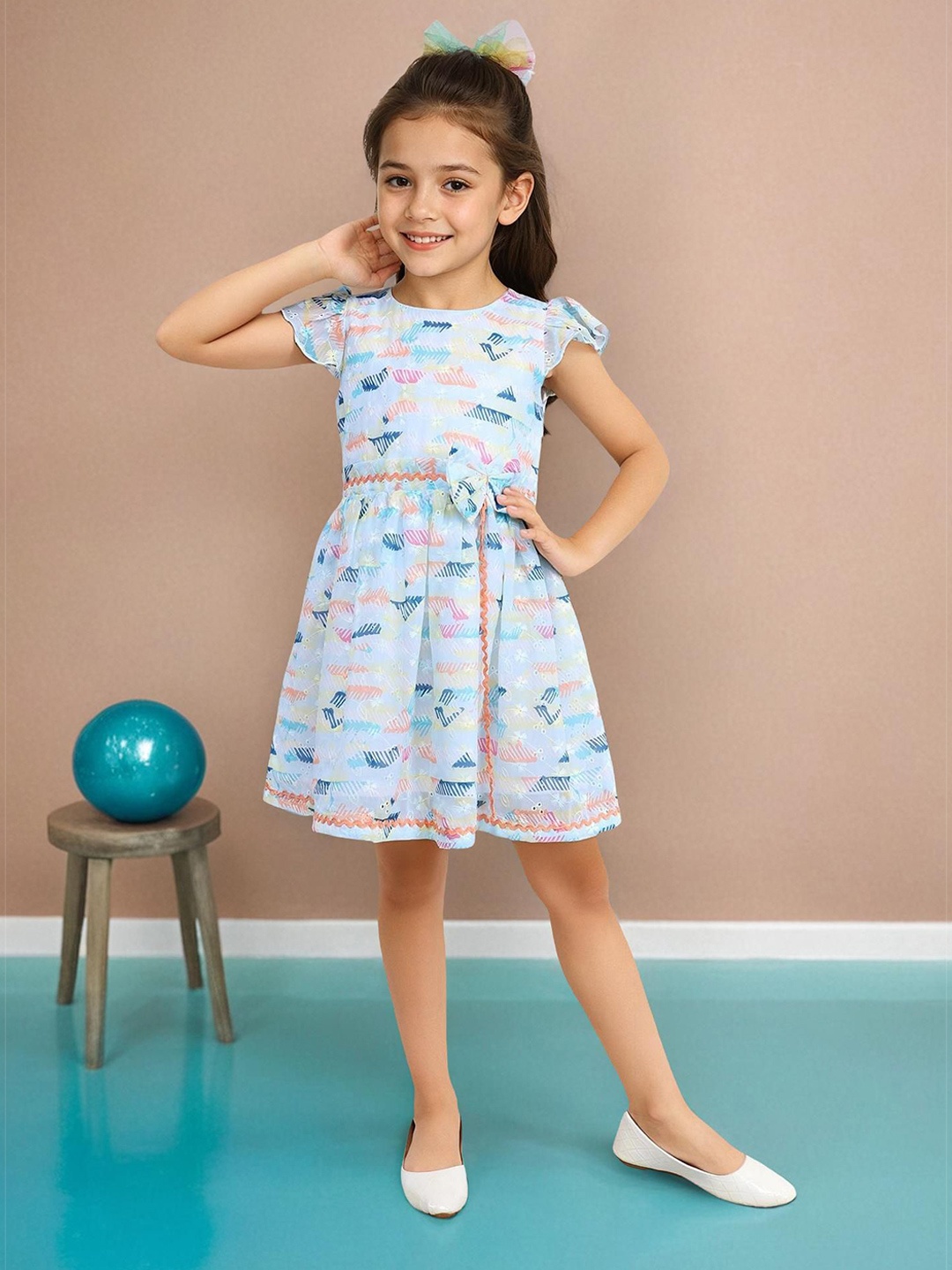 

PINK MERMAID Girls Printed Cotton A-Line Dress With Bow Details, Blue