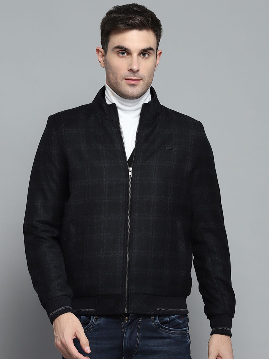 

Monte Carlo Men Checked Woollen Lightweight Outdoor Bomber with Patchwork Jacket, Black