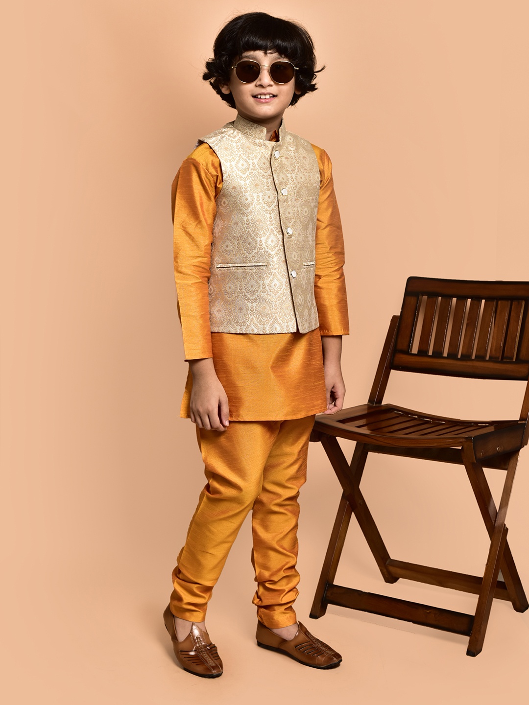 

PRINTINDIA Boys Mandarin Collar Regular Straight Kurta with Pyjamas, Yellow