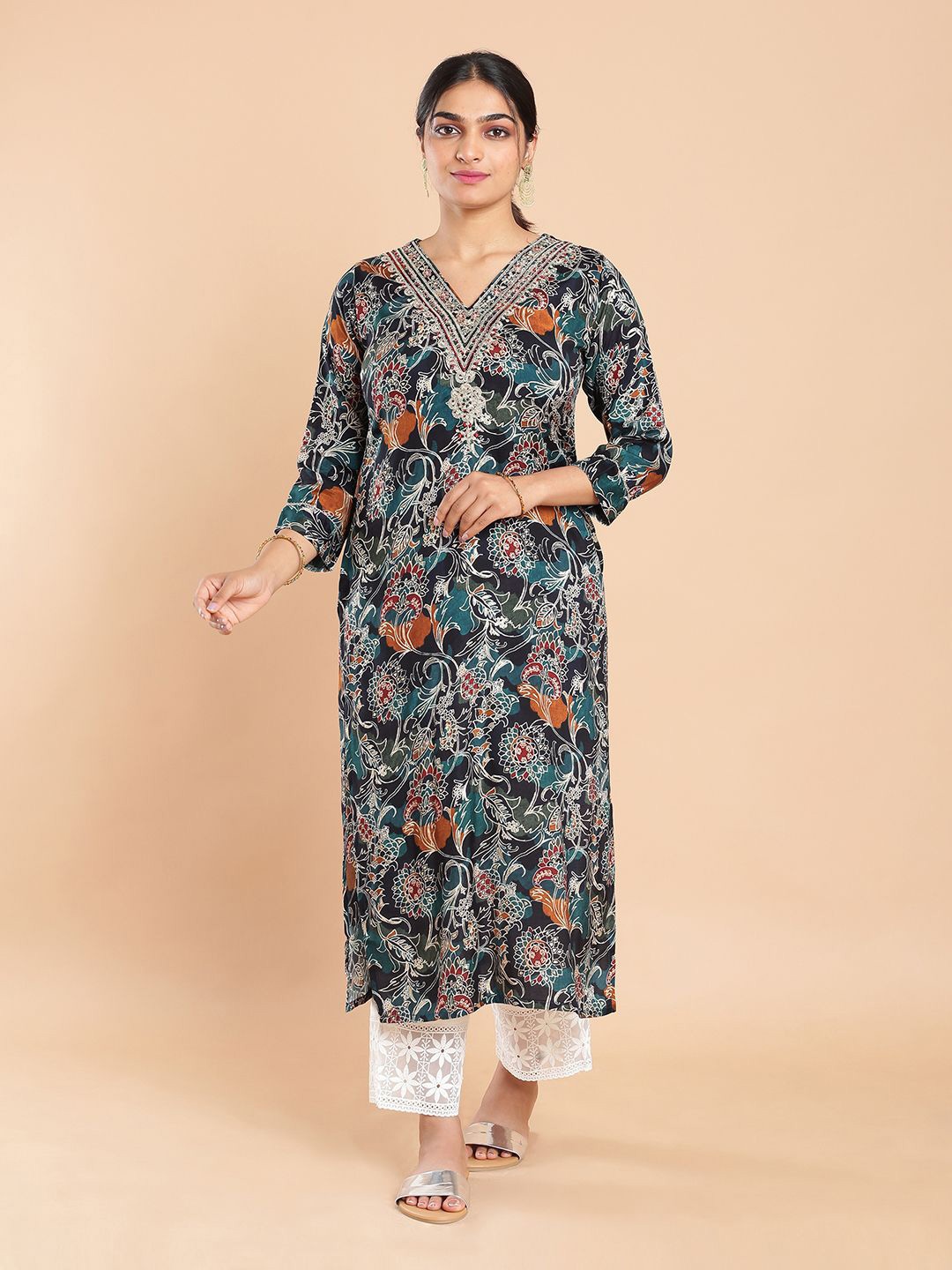 

Kalyan Silks Women Floral Printed Calf Length Kurtas, Navy blue
