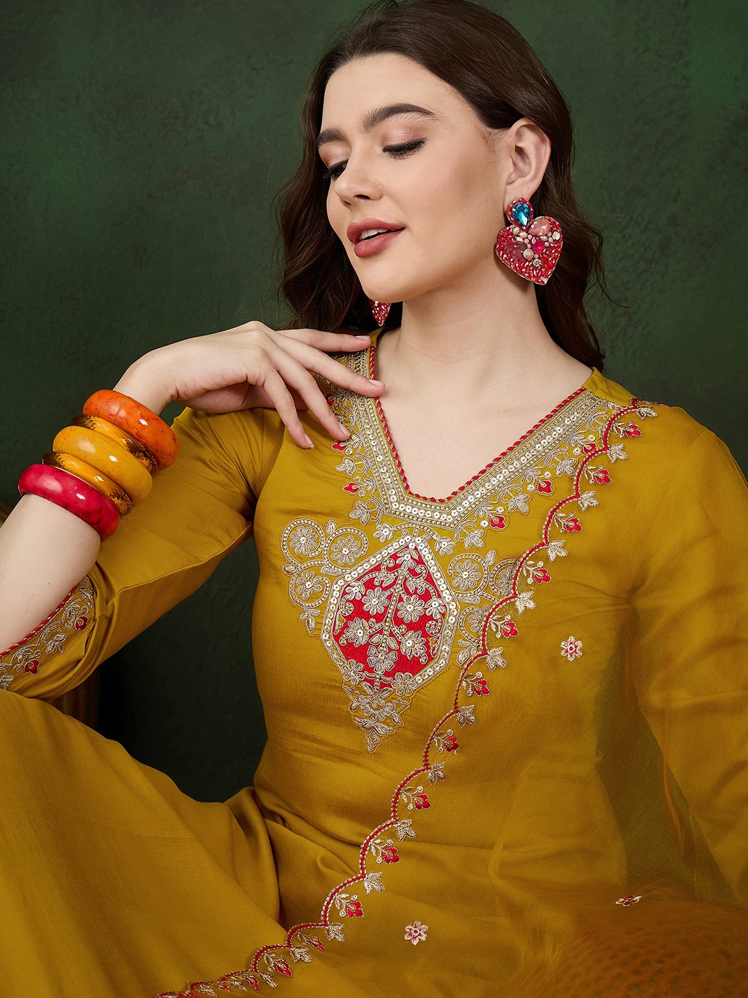 

Sangria Yellow Floral Embroidered Regular Sequinned Kurta With Trouser With Dupatta