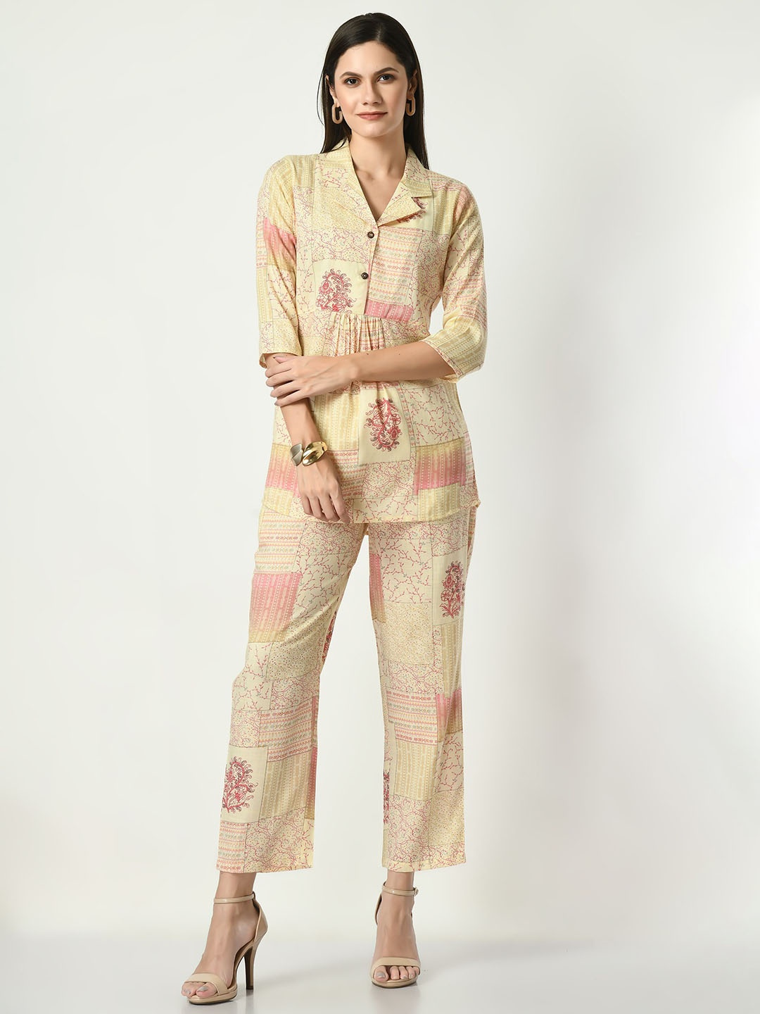 

VAPPSYAM Ethnic Motifs Printed Lapeled Collar Pure Cotton Shirt With Trousers, Yellow