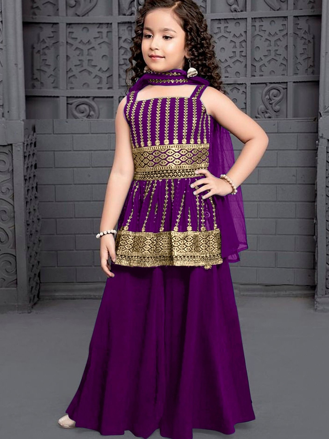 

BAESD Girls Geometric Woven Design Sleeveless A-Line Kurti With Palazzos & Dupatta, Purple