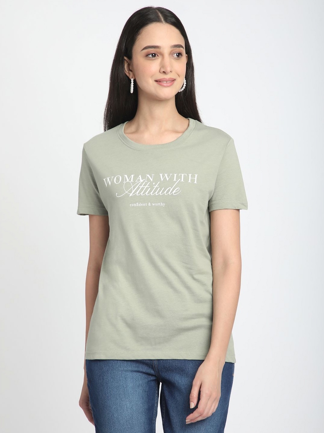 

R&B Women Typography Printed Round Neck Cotton T-shirt, Green