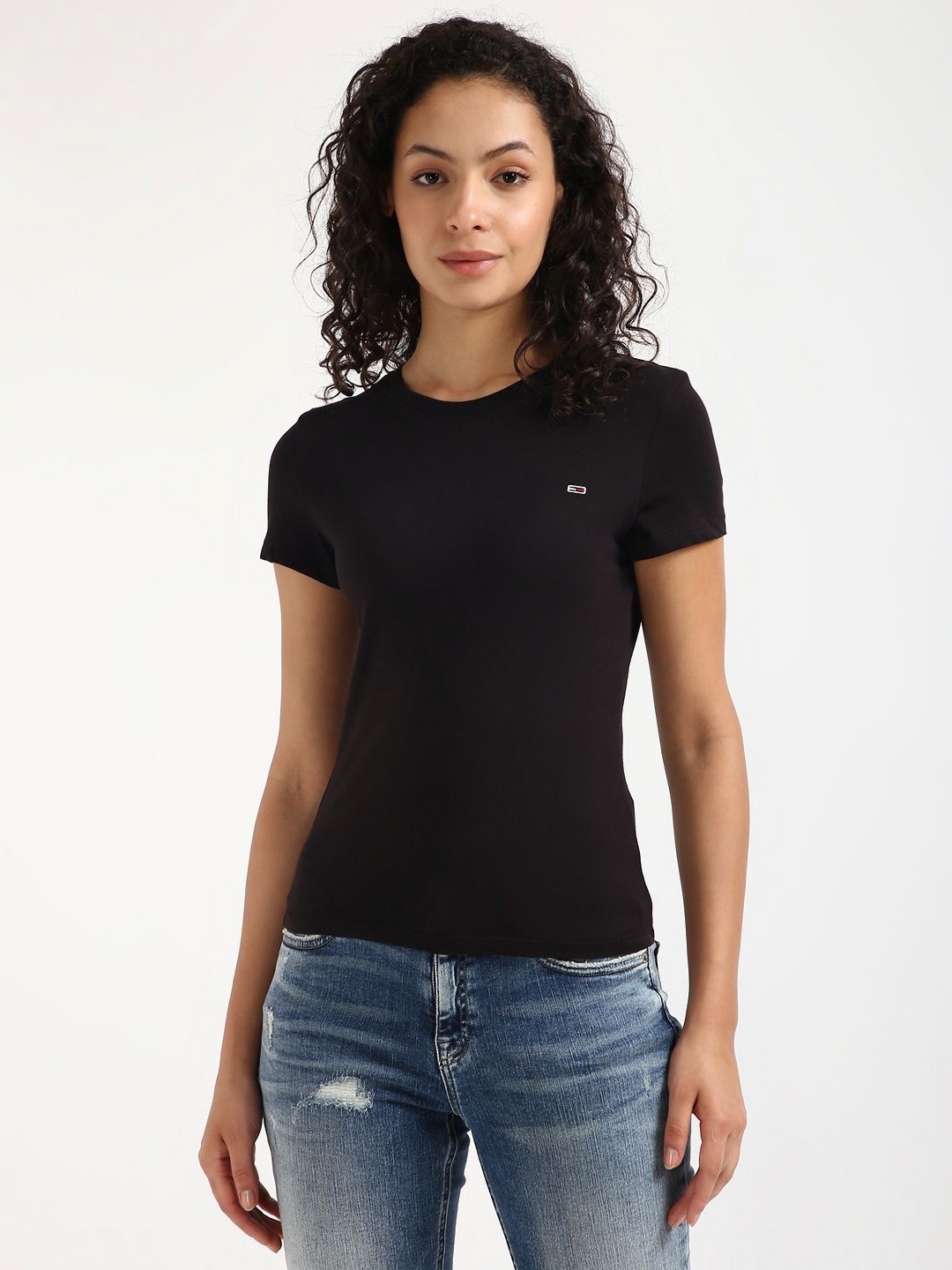

Tommy Hilfiger Women Solid Round Neck Cotton Slim Fit T-shirt, Black