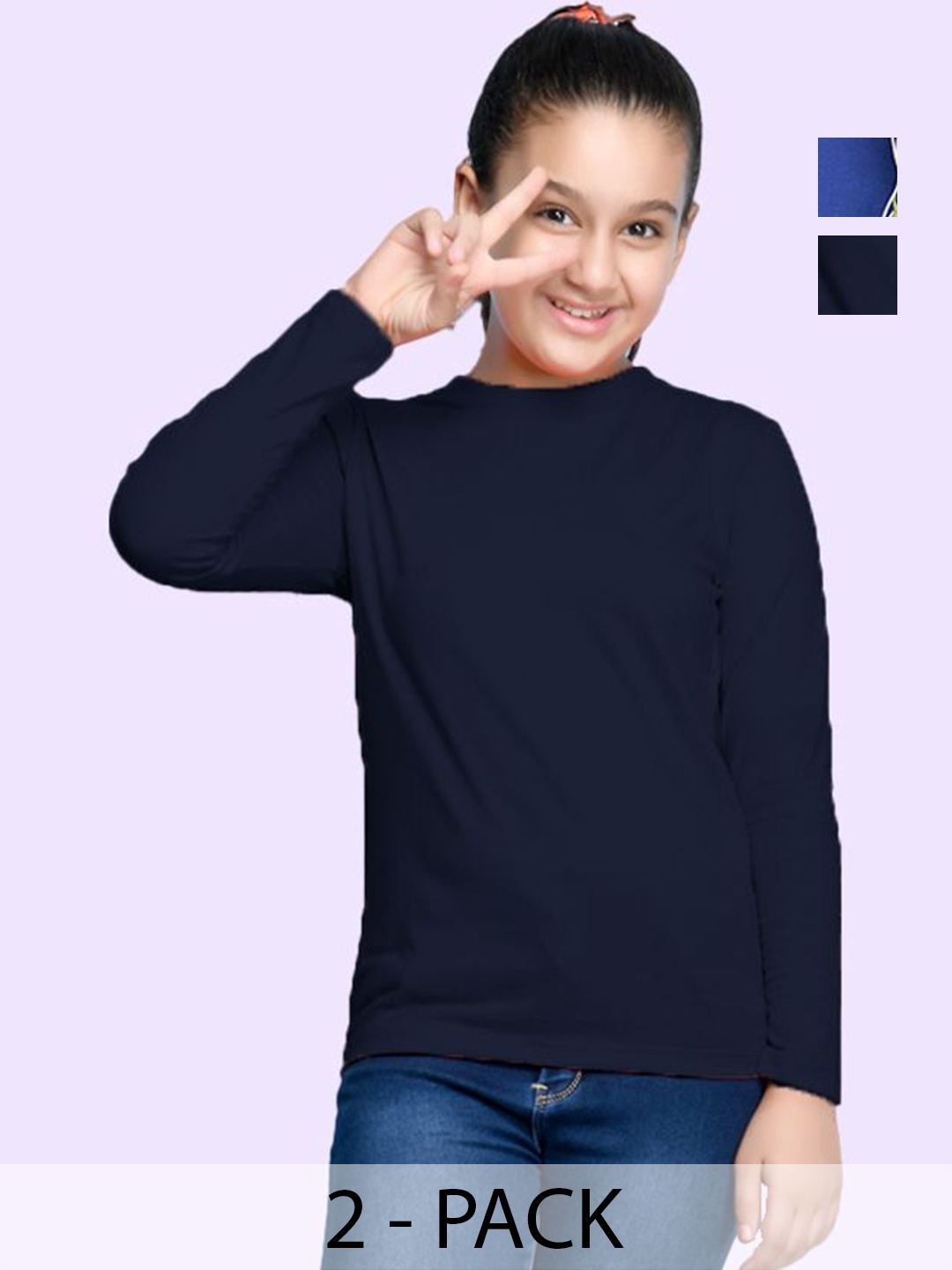 

NUSYL Pack Of 2 Girls Solid Round Neck Cotton T-shirts, Navy blue